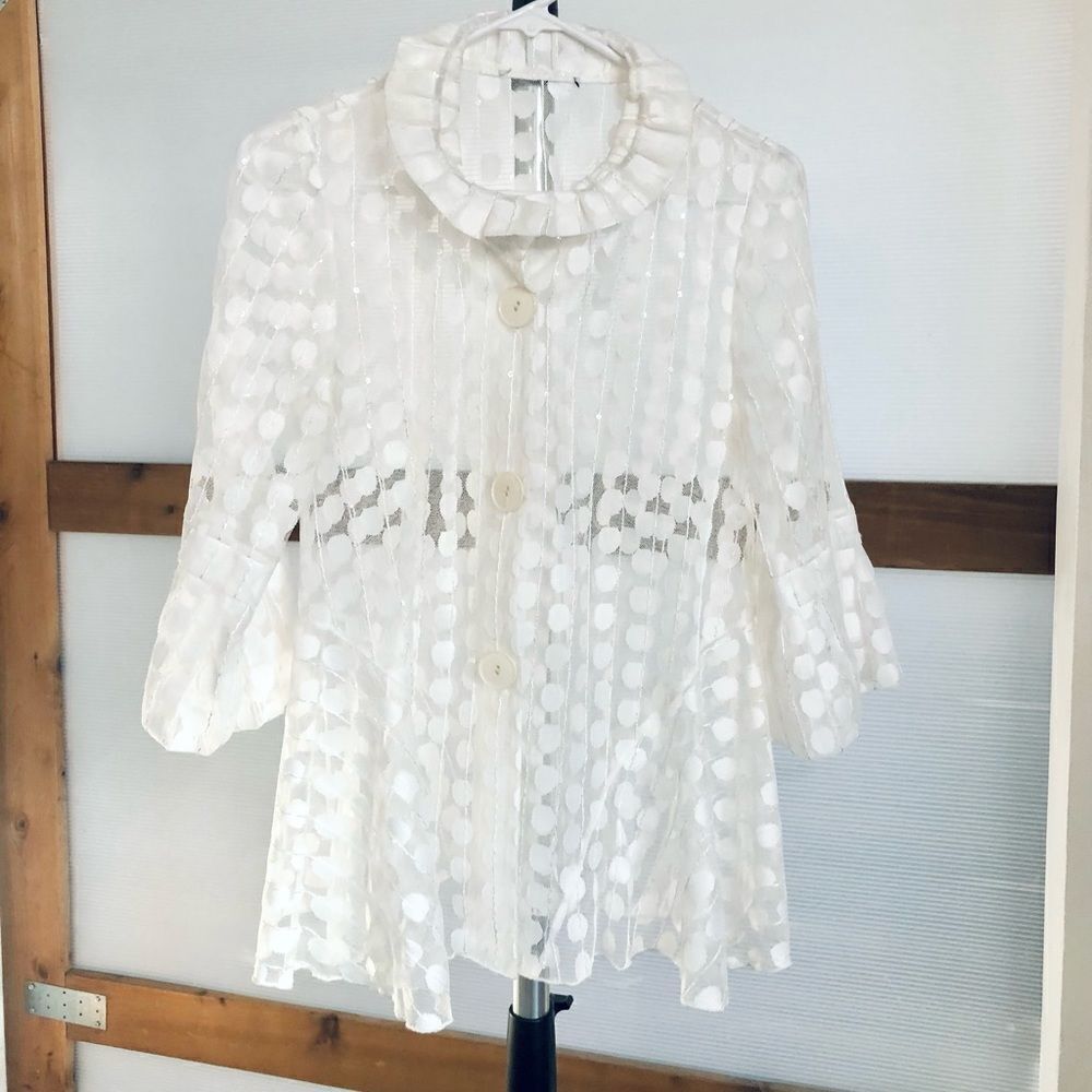 Vintage White Sheer Tulle Lace Polka Dots 3/4 Sleeve Adjust Collar‎ Jacket SzS